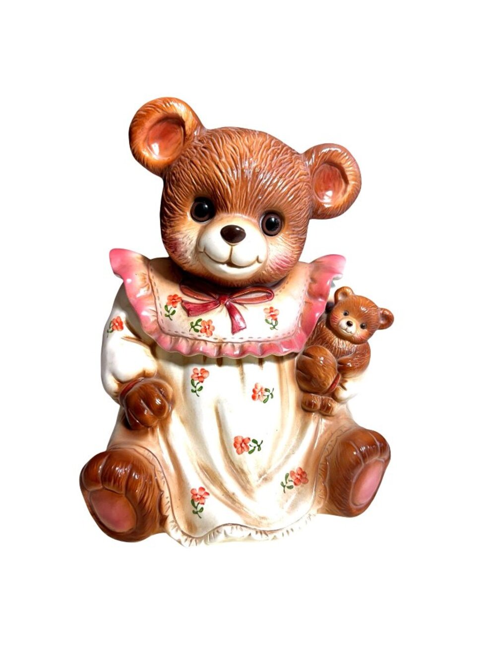 Teddy Bear Cookie Jar in Nightgown W/ Glass Eyes  80’s  with baby